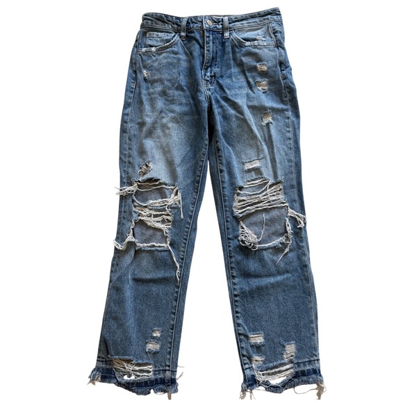 Flying Monkey Denim - Flying Monkey Womens Distressed Straight Leg Jeans Medium Wash F4125 Blue Cotton